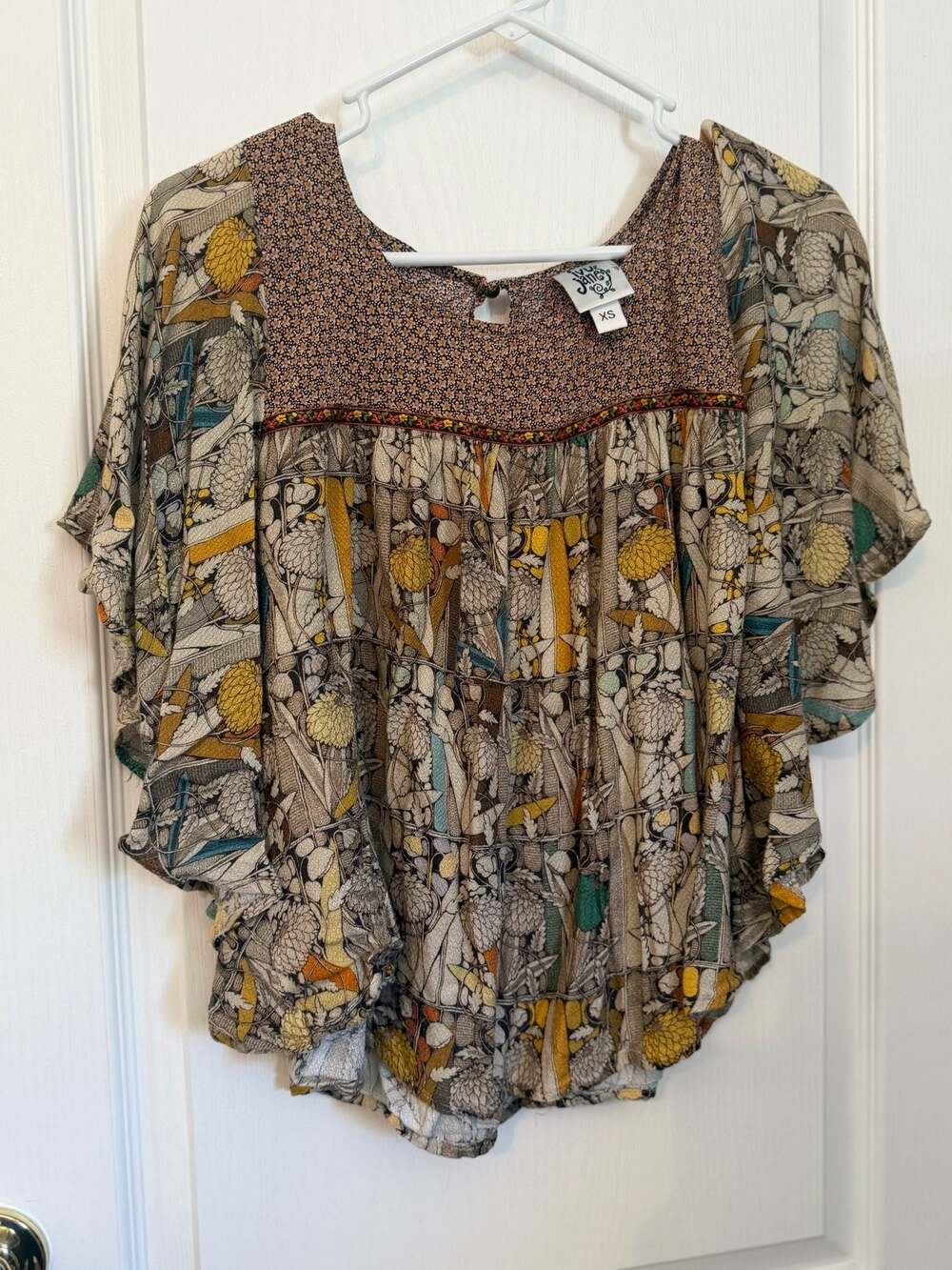 Ivu Jane Boho Floral Patchwork Batwing Sleeve Blouse XS